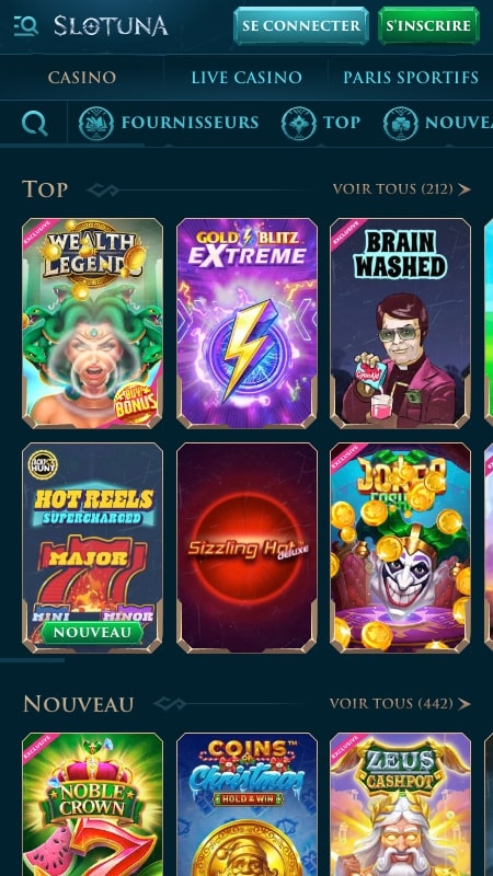 Interface du casino Slotuna