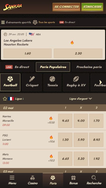 Section Paris sportifs en ligne sur Sankra