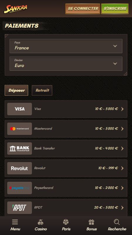 Section Modes de paiement sur Sankra