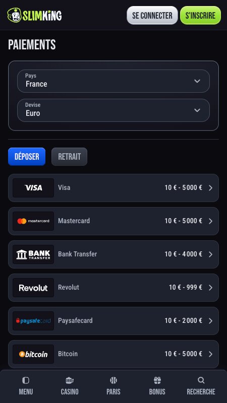 Section Modes de paiement sur Slimking